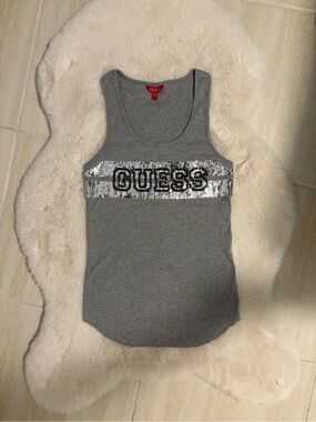 GUESS Gray Tank with Silver Sequin Logo Band - S